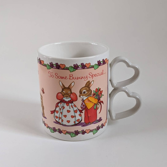Vintage Bunny Rabbit Love Mug, Heart Shaped Handle, Valentine's Anniversary Gift - Picture 2 of 8